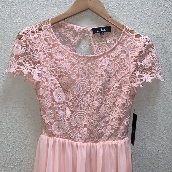 Lulus Greatest Lace Maxi Dress light pink lace bodice open back chiffon Skirt XS - Picture 14 of 17